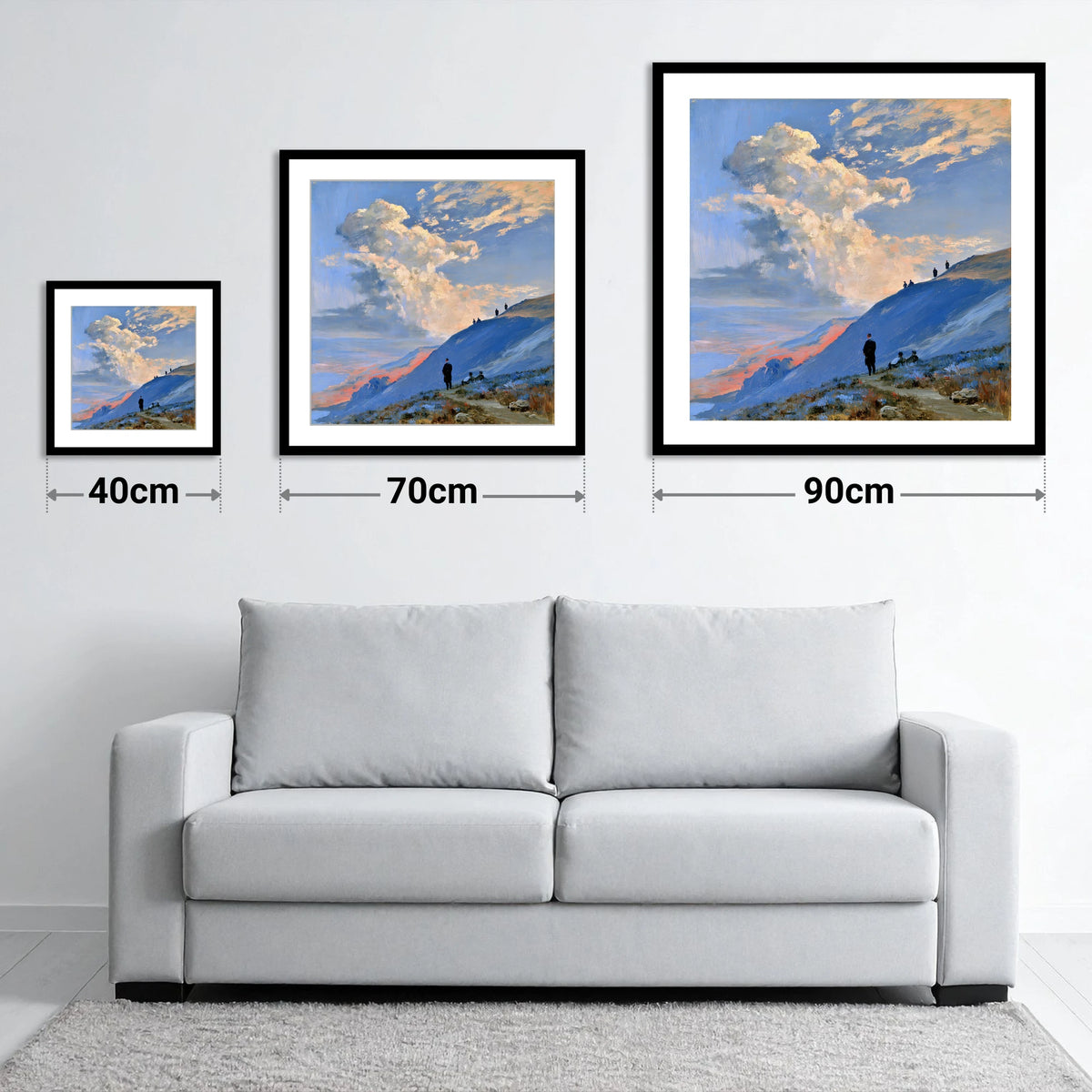 Fell Hikers Under Sunlit Clouds - size guide showing 40cm, 70cm and 90cm art prints