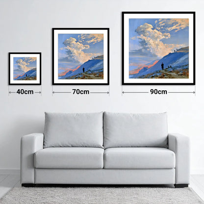 Fell Hikers Under Sunlit Clouds - size guide showing 40cm, 70cm and 90cm art prints