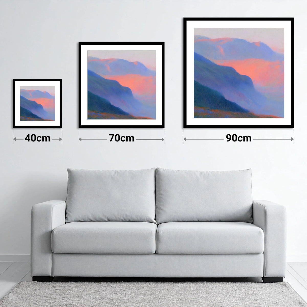 Fell Summit in Pink Twilight - size guide showing 40cm, 70cm and 90cm art prints