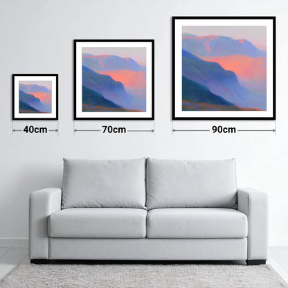 Fell Summit in Pink Twilight - size guide showing 40cm, 70cm and 90cm art prints