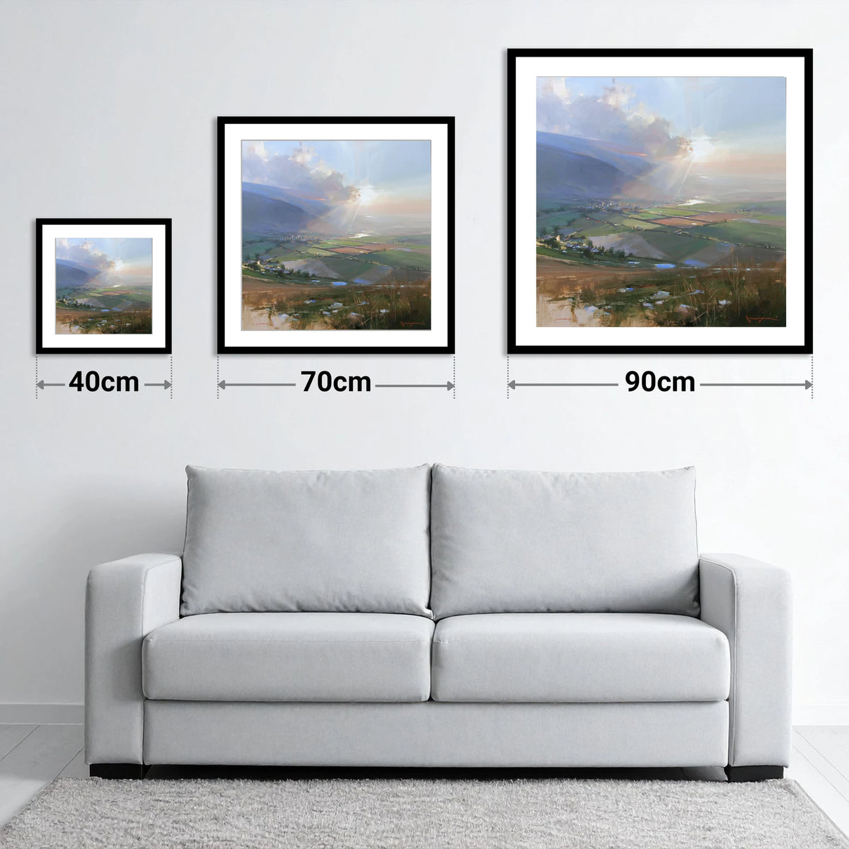 Sunburst Over a Lakeland Dale - size guide showing 40cm, 70cm and 90cm art prints