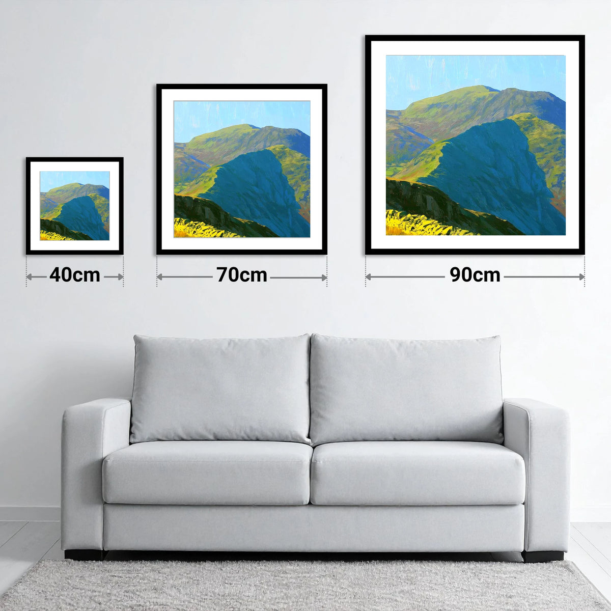 Sunlit Crags of Wetherlam Ridge - size guide showing 40cm, 70cm and 90cm art prints