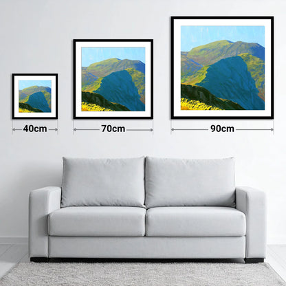Sunlit Crags of Wetherlam Ridge - size guide showing 40cm, 70cm and 90cm art prints