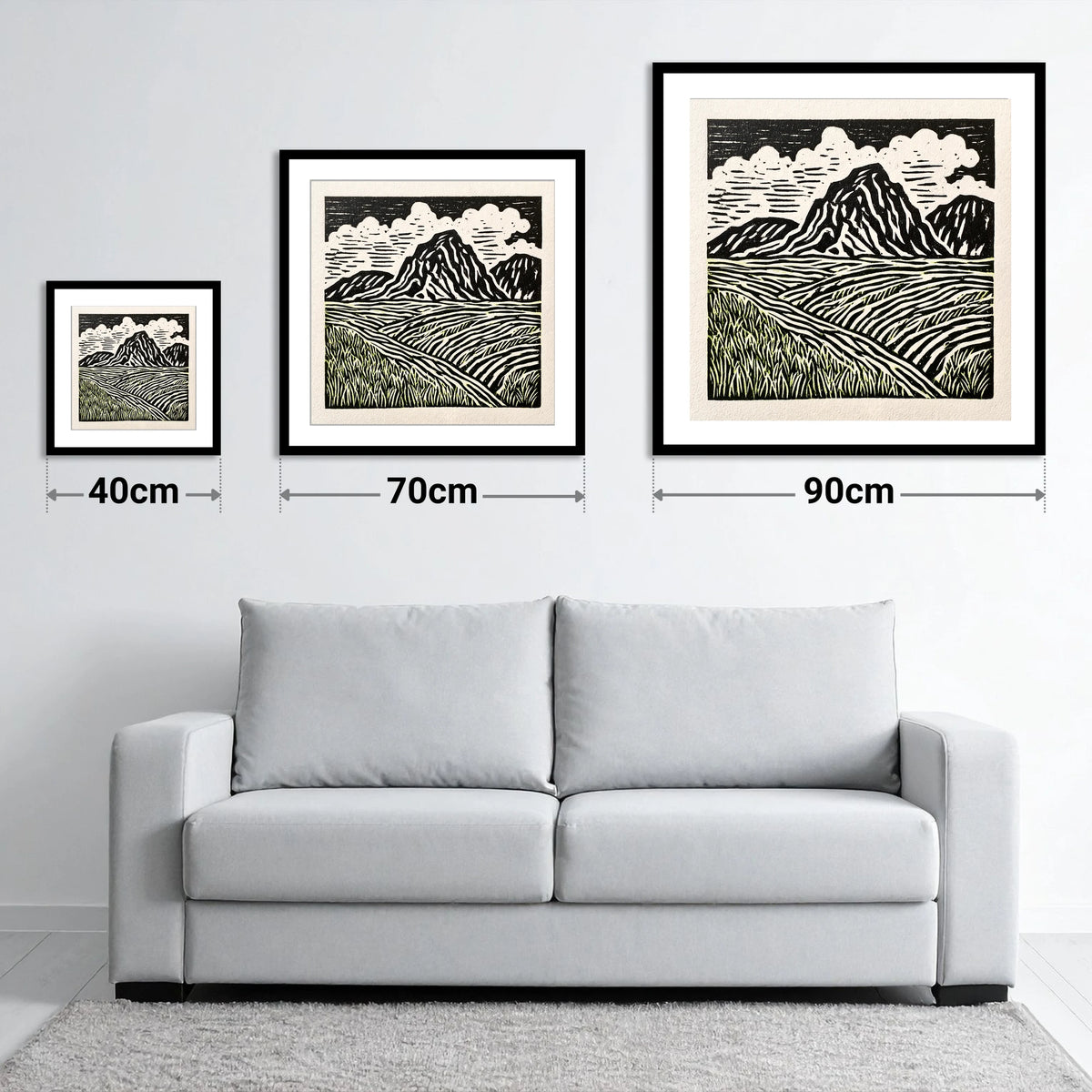 Scafell Pike Graphic Landscape - size guide showing 40cm, 70cm and 90cm art prints