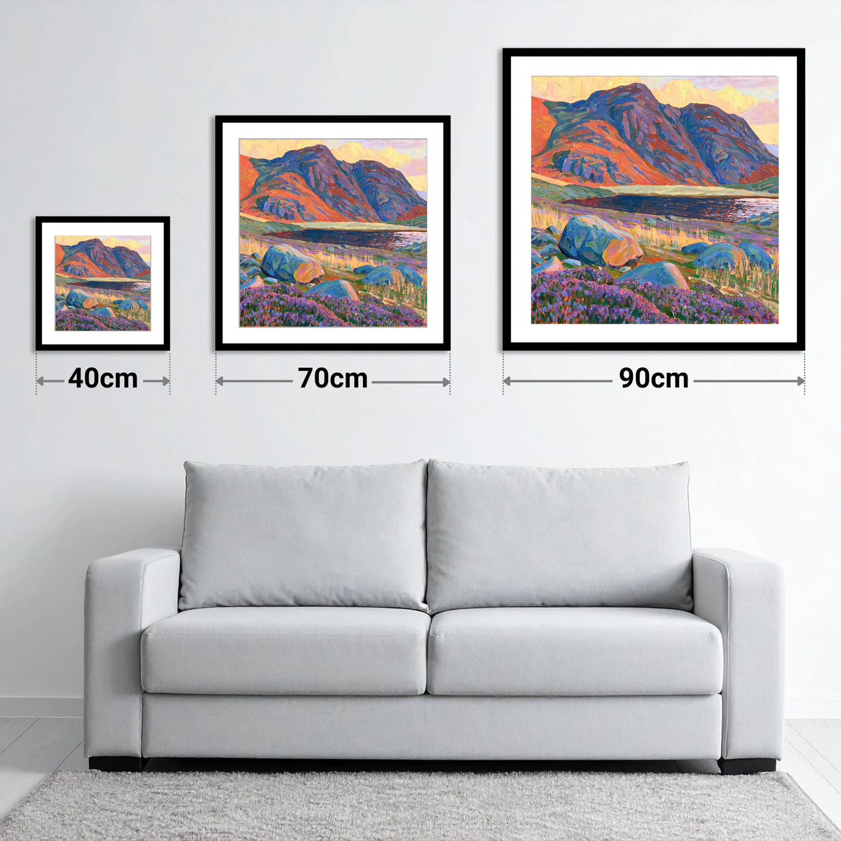 Haystacks in Fiery Light - size guide showing 40cm, 70cm and 90cm art prints