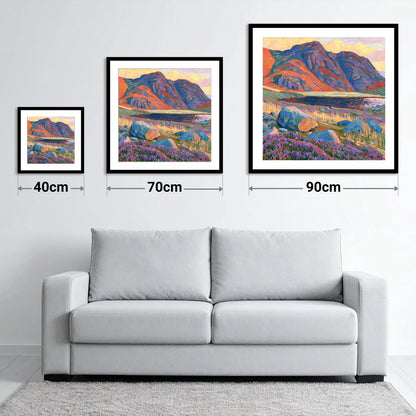 Haystacks in Fiery Light - size guide showing 40cm, 70cm and 90cm art prints