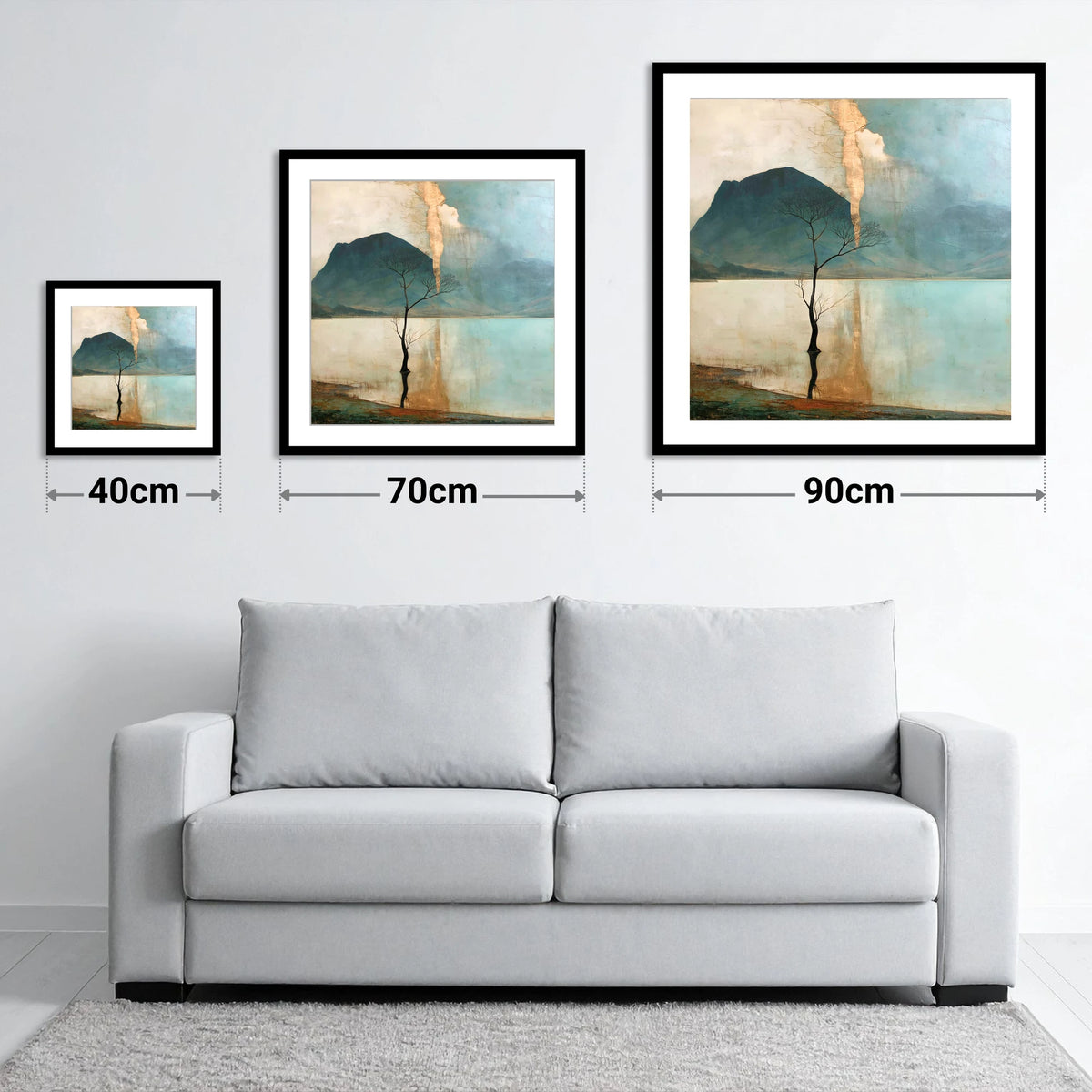 Buttermere Tree in Golden Light - size guide showing 40cm, 70cm and 90cm art prints