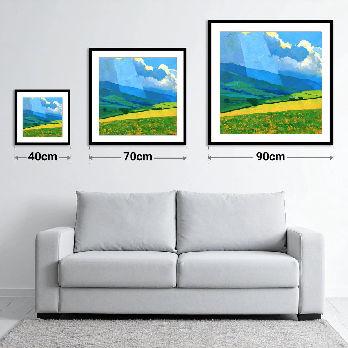 Sunlit Yellow Fields and Stormy Fells - size guide showing 40cm, 70cm and 90cm art prints