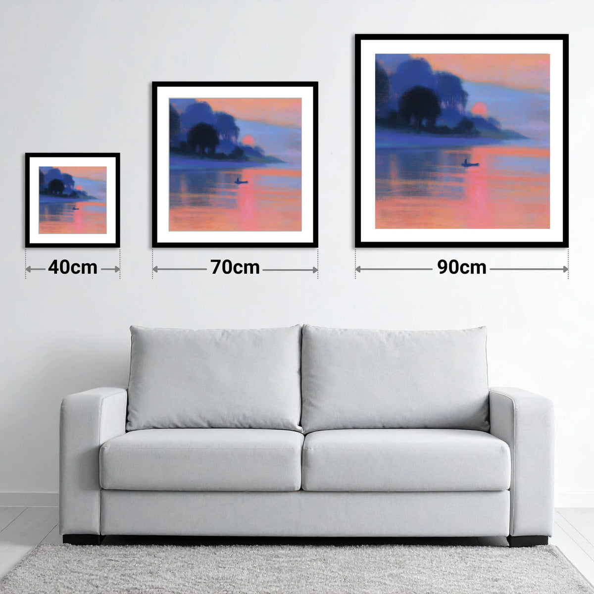 Indigo and Pink Lake Sunset - size guide showing 40cm, 70cm and 90cm art prints
