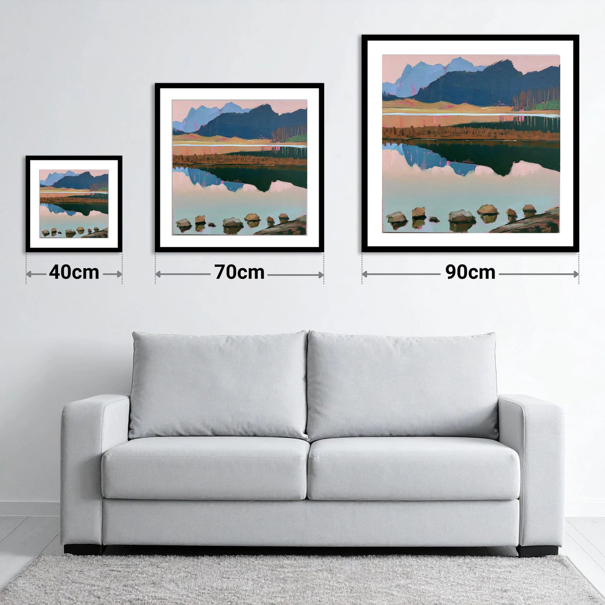 Blea Tarn with Pink Reflections - size guide showing 40cm, 70cm and 90cm art prints