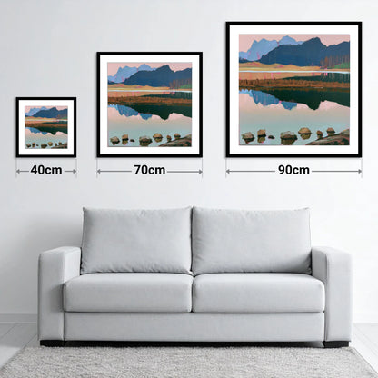 Blea Tarn with Pink Reflections - size guide showing 40cm, 70cm and 90cm art prints