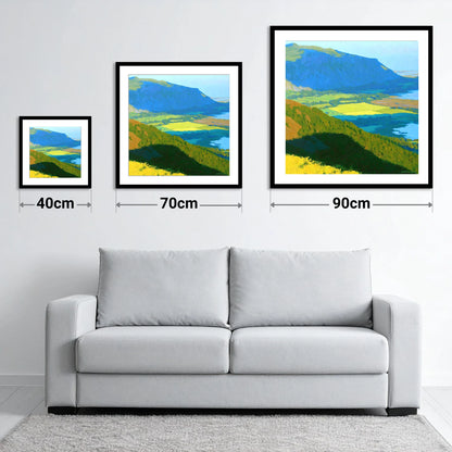 Ullock Pike Over Sunlit Fields - size guide showing 40cm, 70cm and 90cm art prints