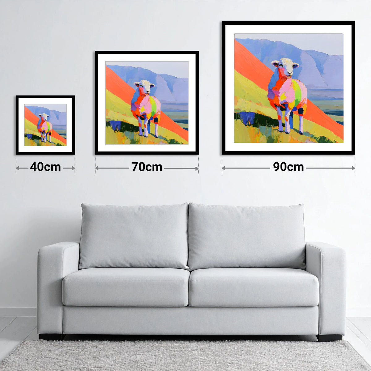 Vivid Herdwick on the Fells - size guide showing 40cm, 70cm and 90cm art prints