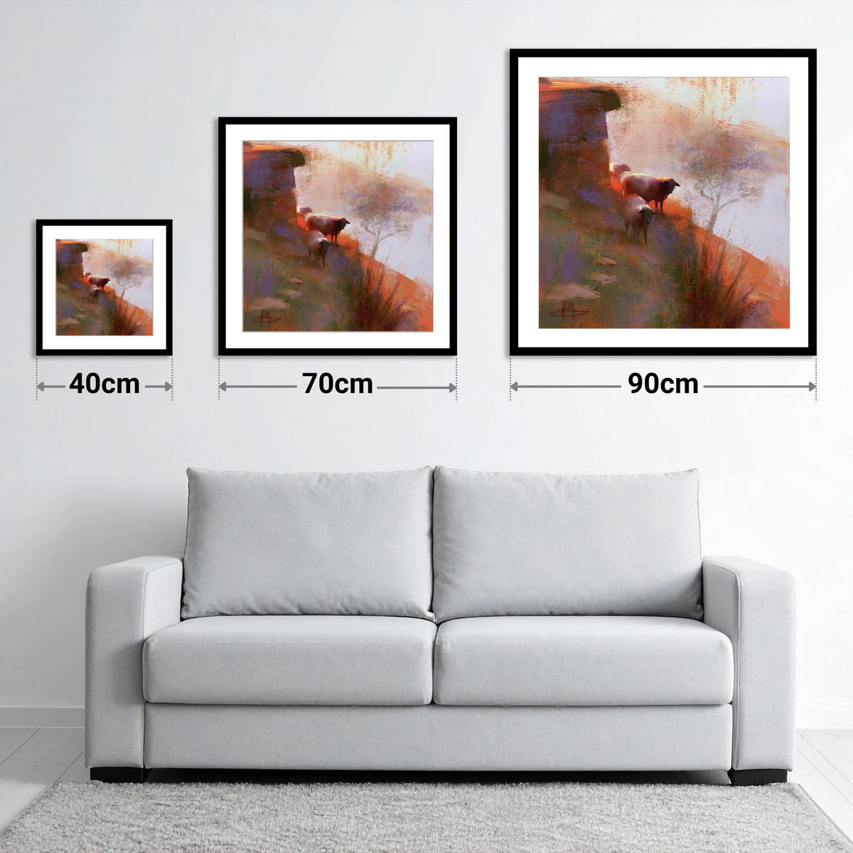 Herdwick Sheep on Sunlit Fellside - size guide showing 40cm, 70cm and 90cm art prints