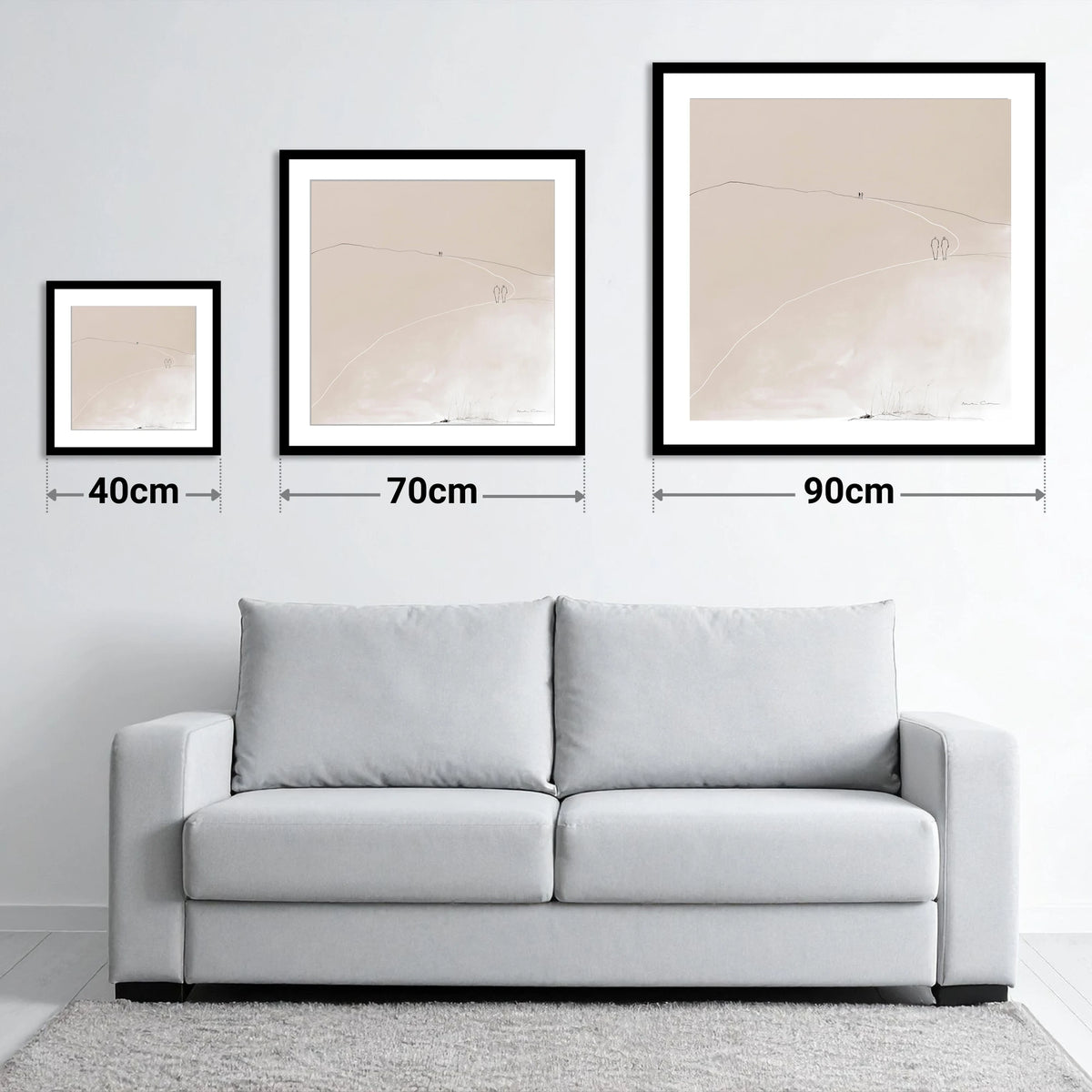 Minimalist Walkers On Fell Path - size guide showing 40cm, 70cm and 90cm art prints