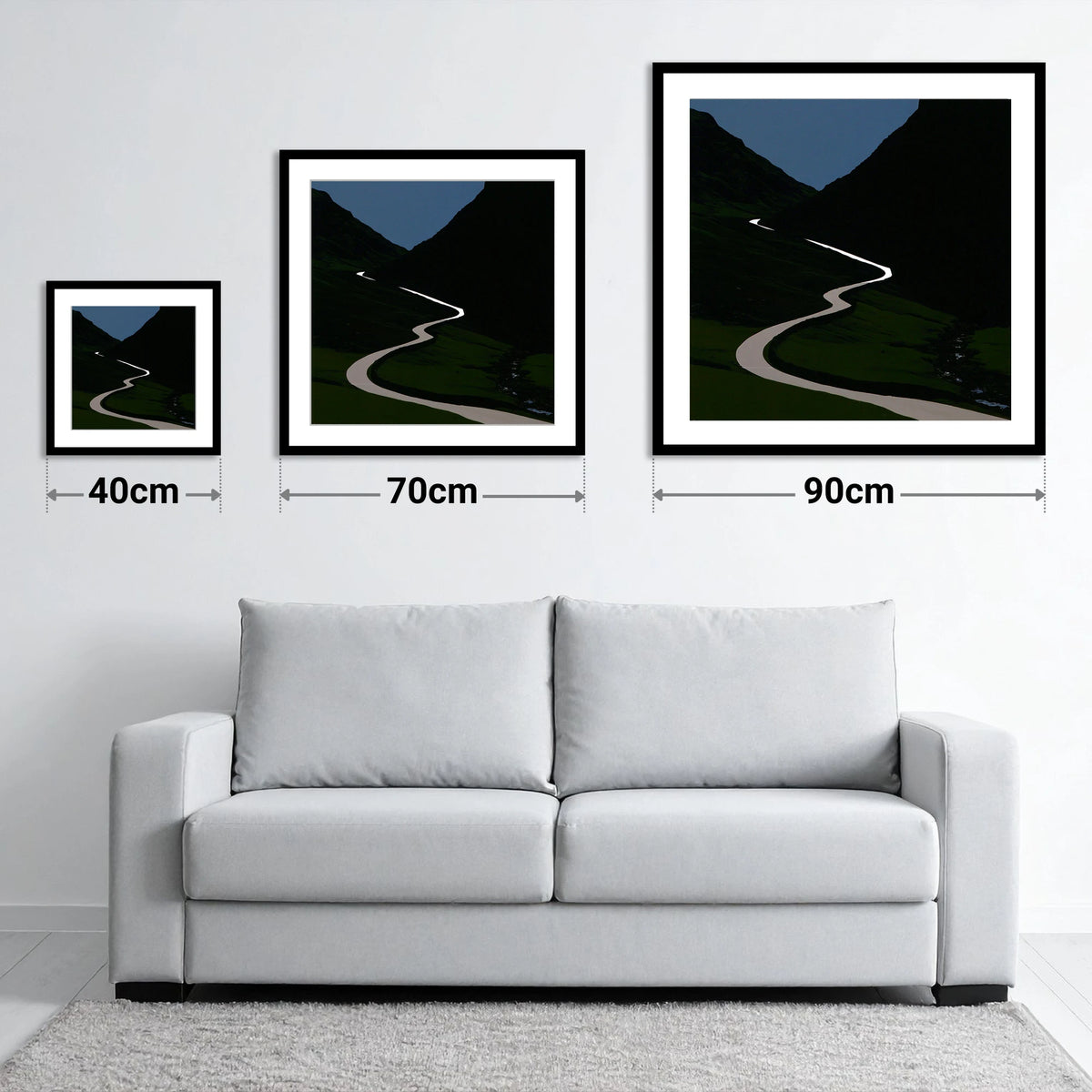 Twilight Winding Mountain Pass - size guide showing 40cm, 70cm and 90cm art prints