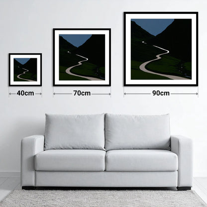 Twilight Winding Mountain Pass - size guide showing 40cm, 70cm and 90cm art prints