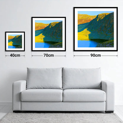 Vibrant Esk Pike and Tarn - size guide showing 40cm, 70cm and 90cm art prints