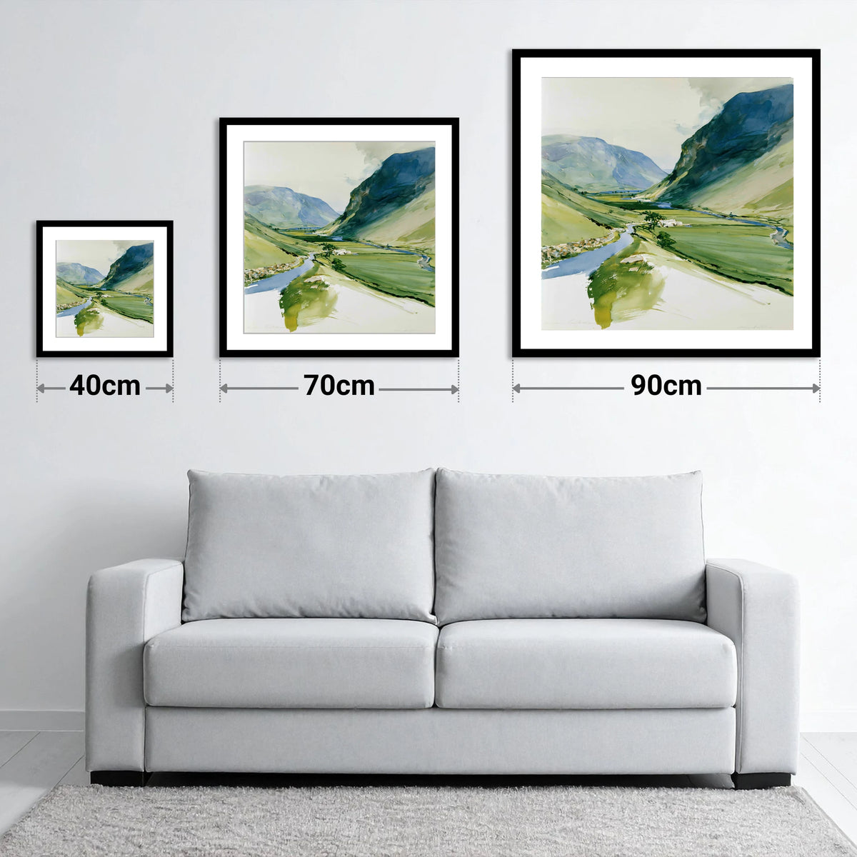 Green Valley and Winding Beck - size guide showing 40cm, 70cm and 90cm art prints