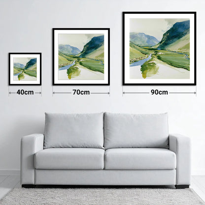 Green Valley and Winding Beck - size guide showing 40cm, 70cm and 90cm art prints
