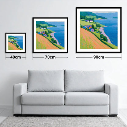 Colourful Lakeside Village - size guide showing 40cm, 70cm and 90cm art prints