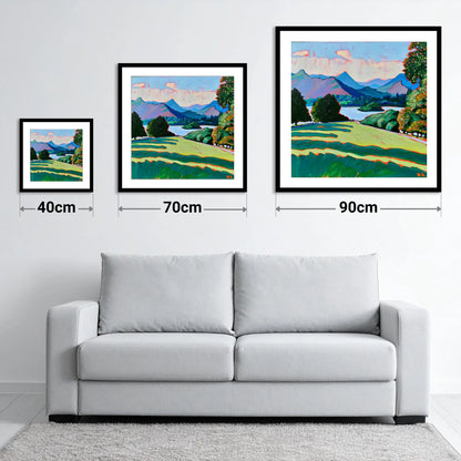 Vibrant Derwentwater From Crow Park - size guide showing 40cm, 70cm and 90cm art prints