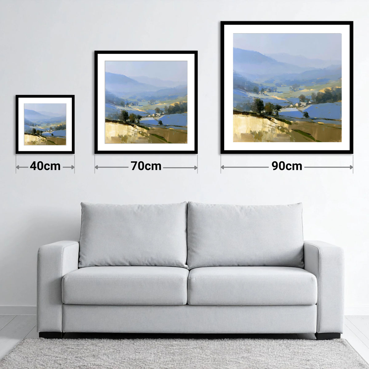 Morning Light on Misty Valley - size guide showing 40cm, 70cm and 90cm art prints