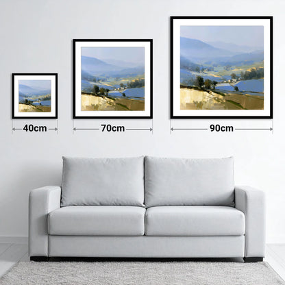 Morning Light on Misty Valley - size guide showing 40cm, 70cm and 90cm art prints