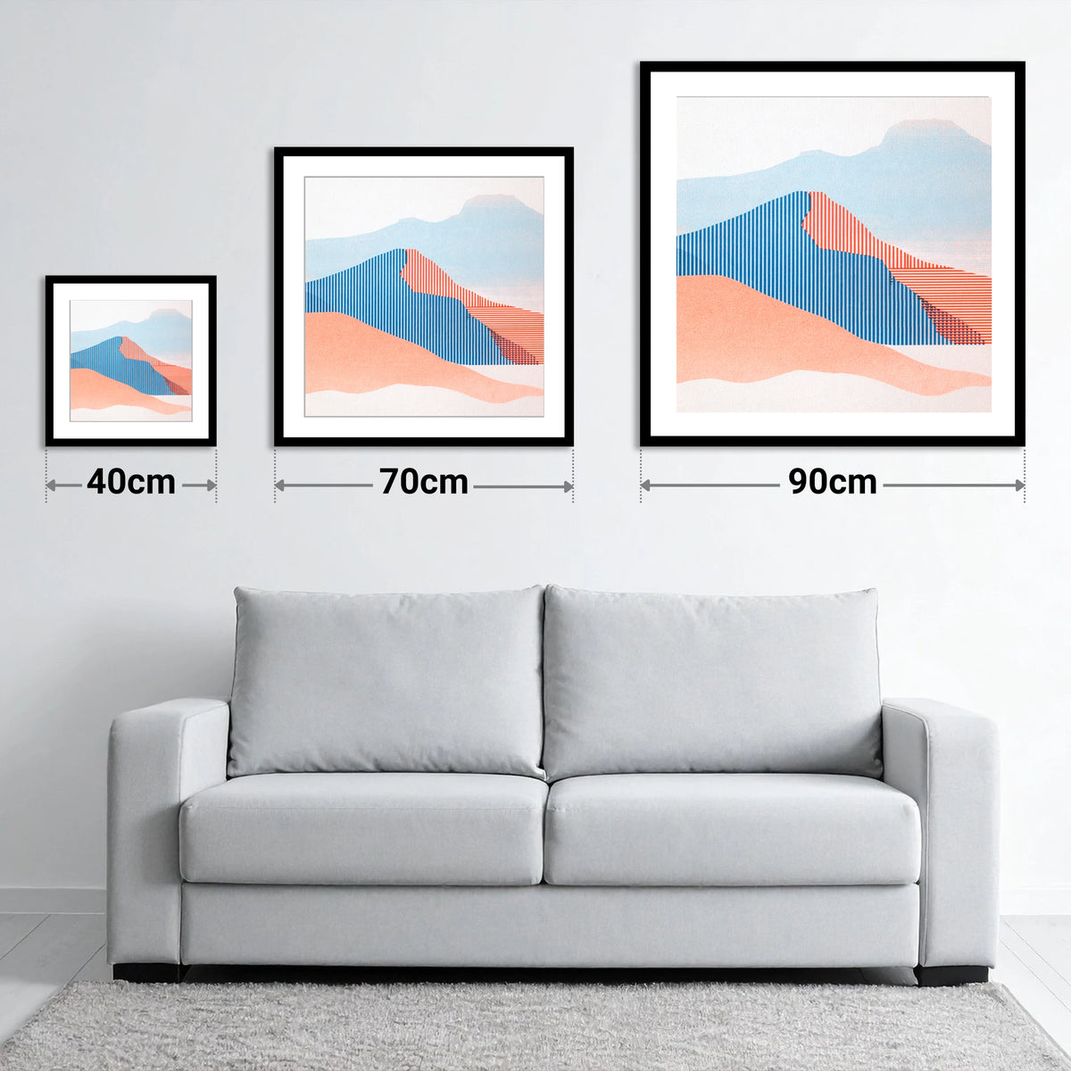 Geometric Fell Summit View - size guide showing 40cm, 70cm and 90cm art prints
