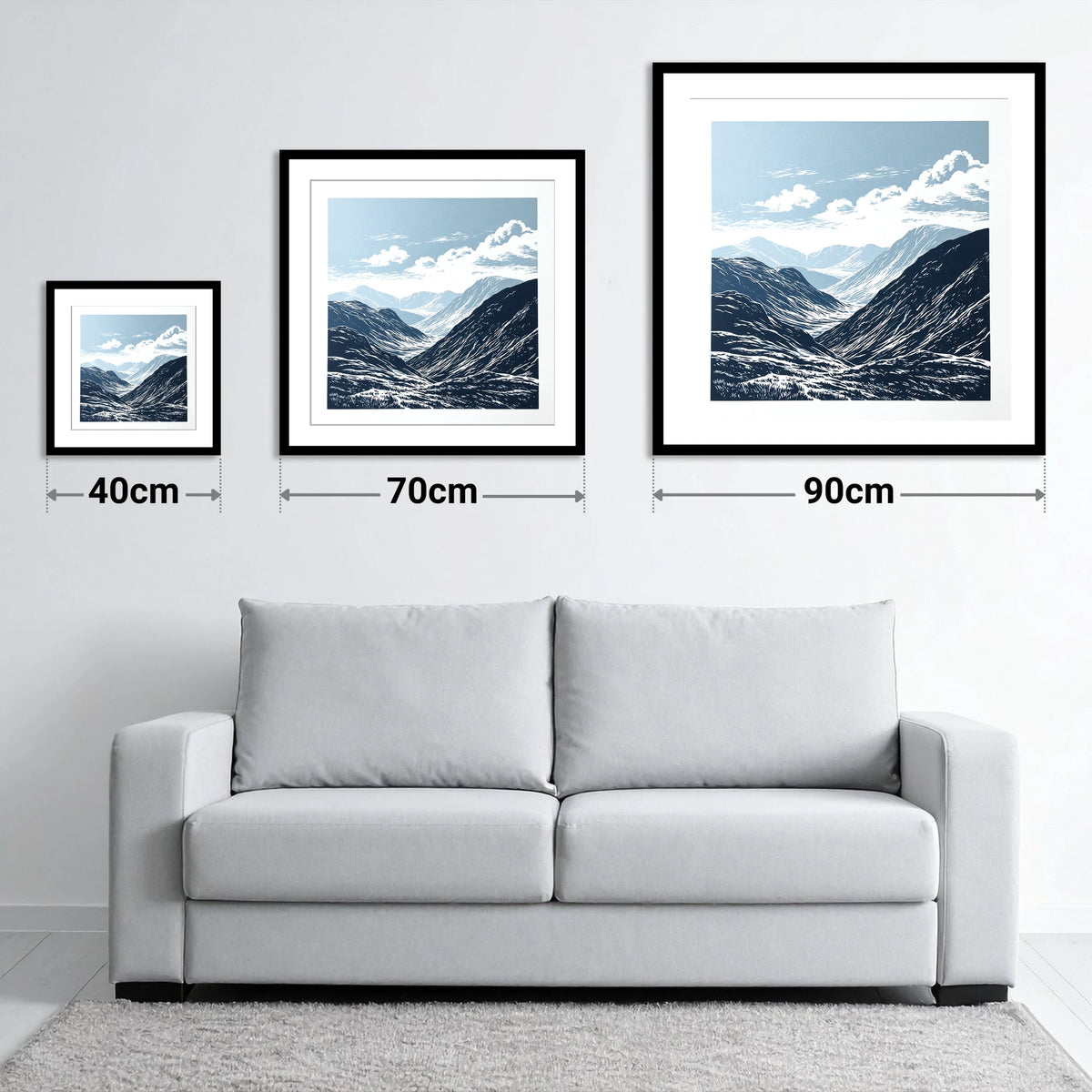 High Summit Valley in Navy - size guide showing 40cm, 70cm and 90cm art prints