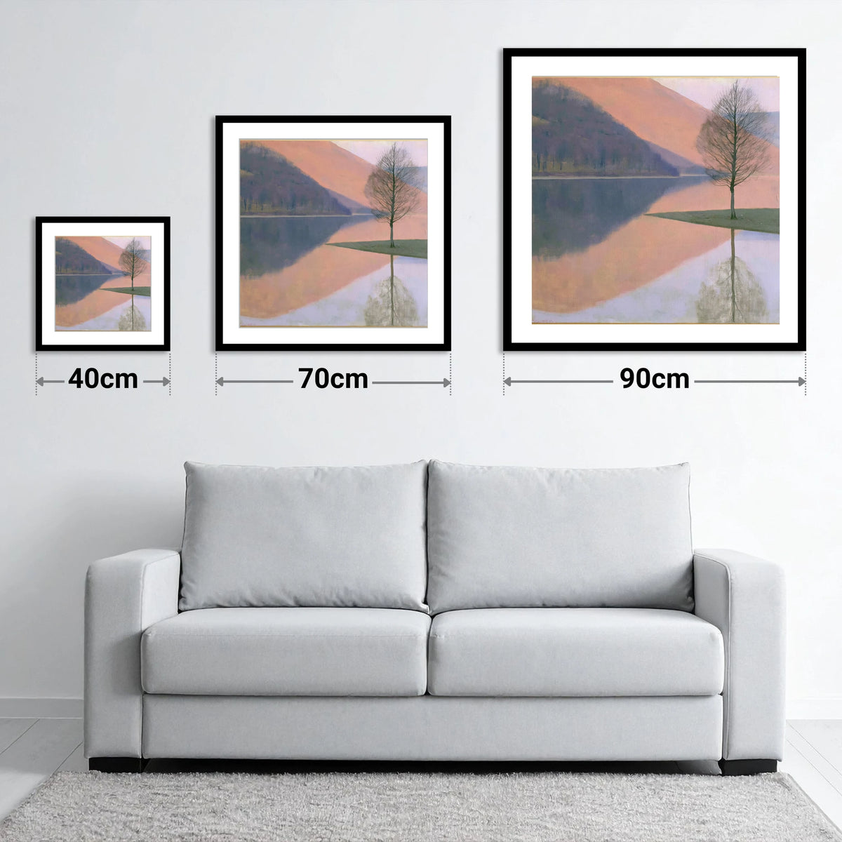 Bassenthwaite Lake Pastel Reflection - size guide showing 40cm, 70cm and 90cm art prints