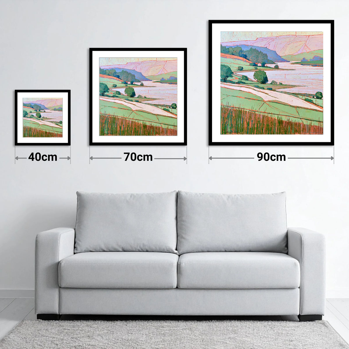 Vibrant Lake And Pastel Fells - size guide showing 40cm, 70cm and 90cm art prints