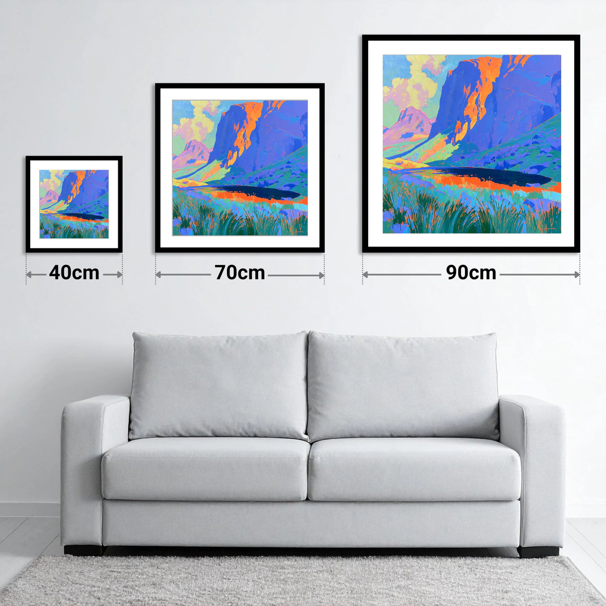 Vibrant Pavey Ark over Stickle Tarn - size guide showing 40cm, 70cm and 90cm art prints