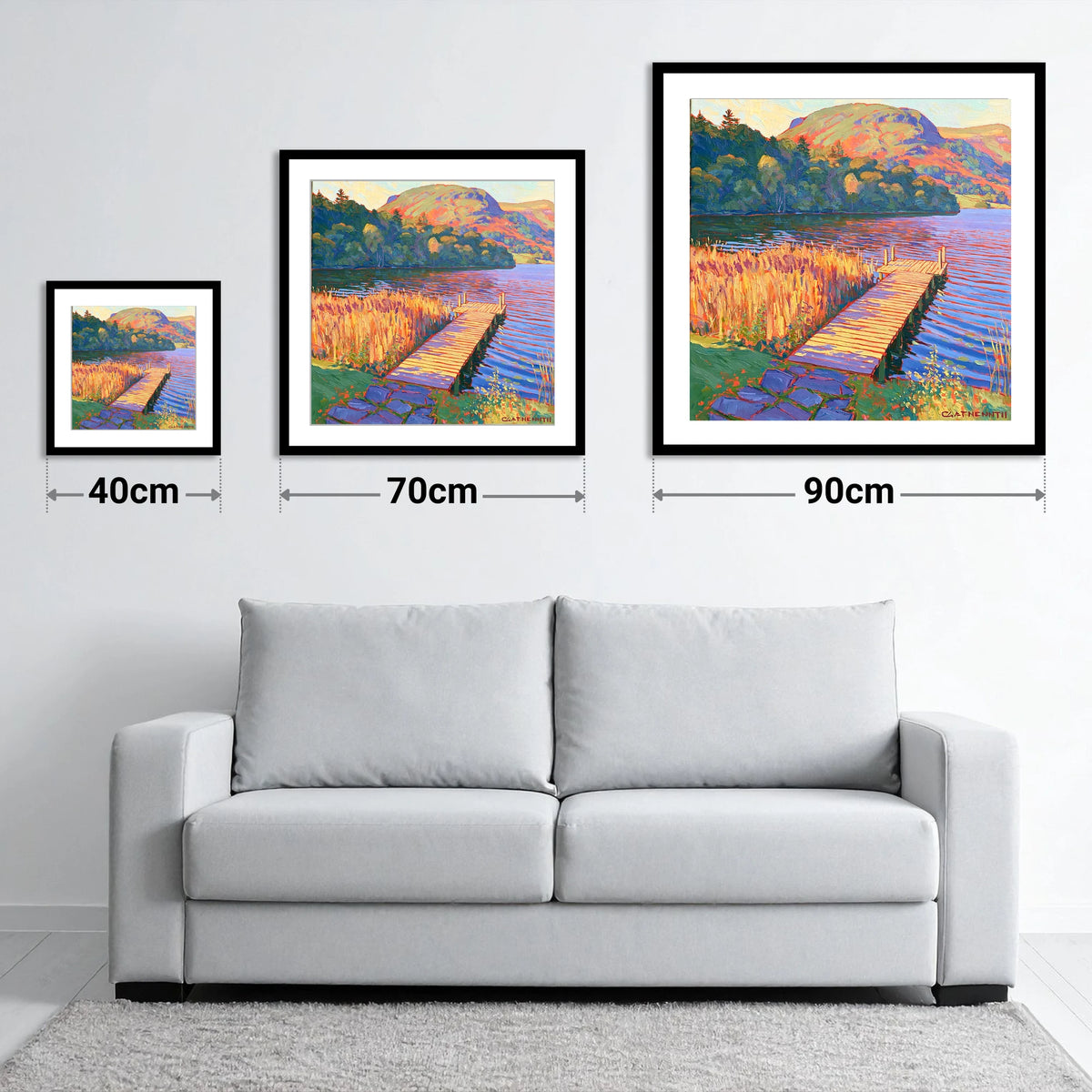 Vibrant Grasmere Pier at Sunset - size guide showing 40cm, 70cm and 90cm art prints