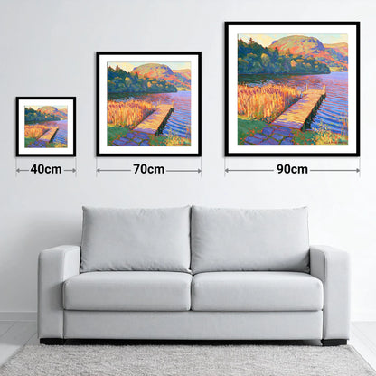 Vibrant Grasmere Pier at Sunset - size guide showing 40cm, 70cm and 90cm art prints