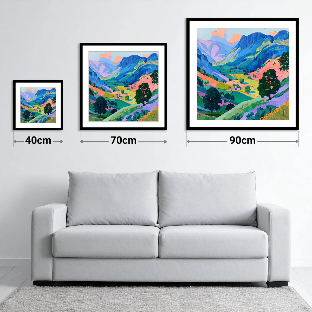 Vibrant Valley Between Blue Fells - size guide showing 40cm, 70cm and 90cm art prints