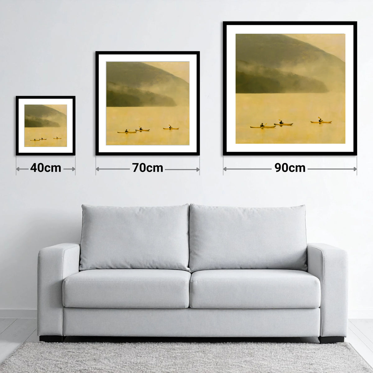 Lake Kayaking in Golden Mist - size guide showing 40cm, 70cm and 90cm art prints