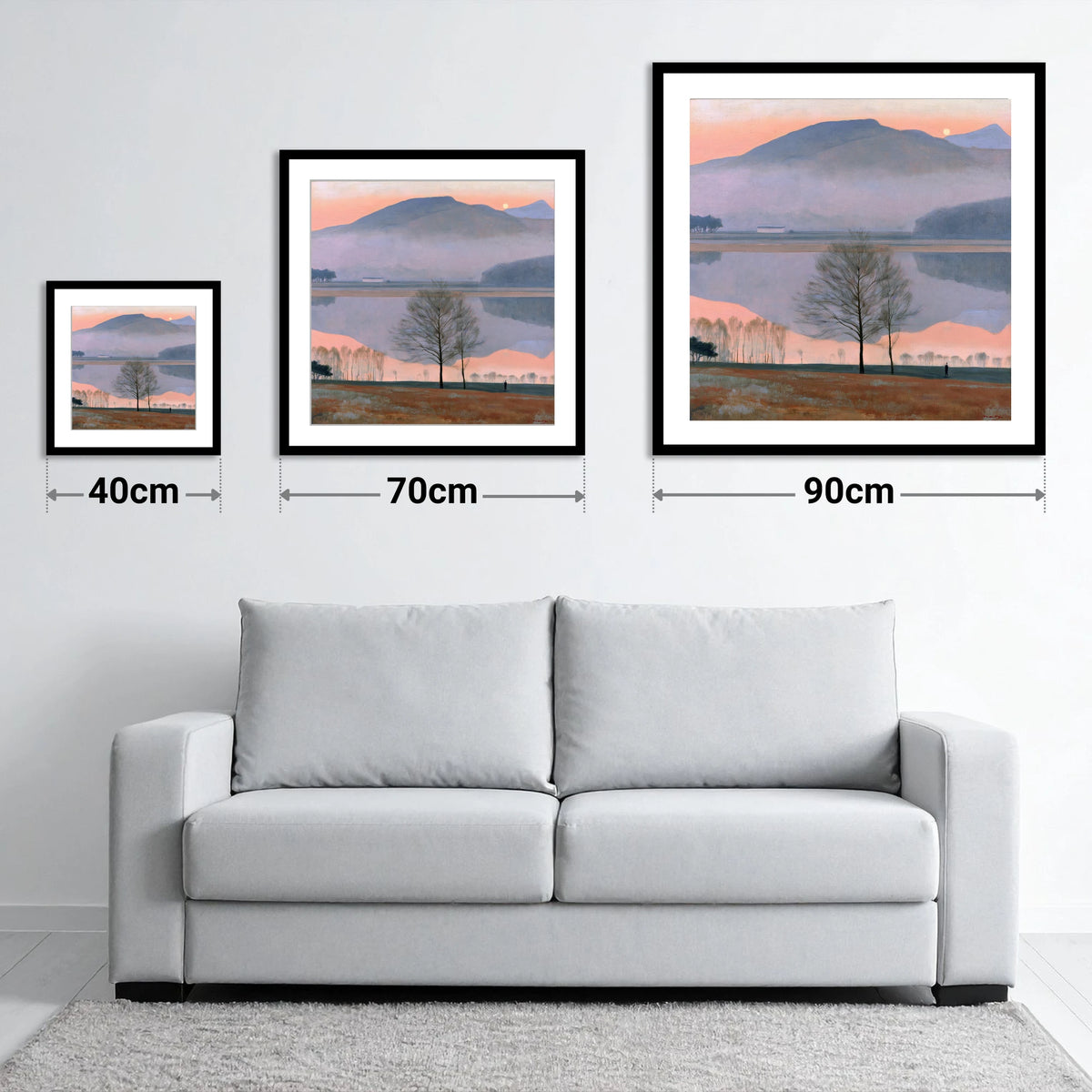 Lake Reflection in Pink Twilight - size guide showing 40cm, 70cm and 90cm art prints
