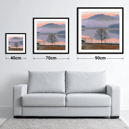 Lake Reflection in Pink Twilight - size guide showing 40cm, 70cm and 90cm art prints