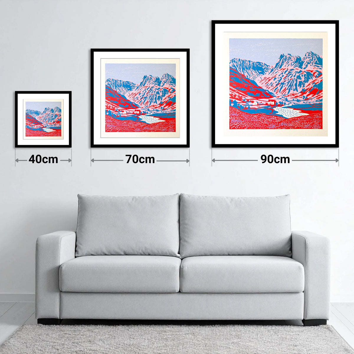 Vibrant Great Langdale Valley - size guide showing 40cm, 70cm and 90cm art prints