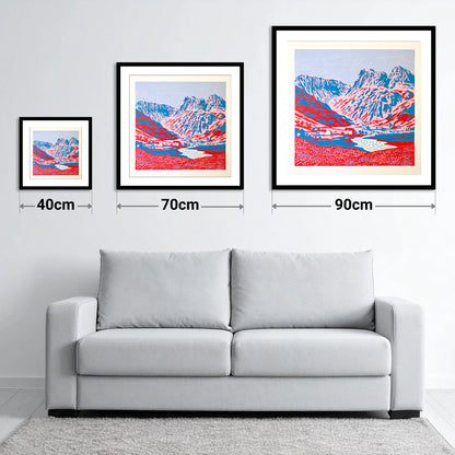 Vibrant Great Langdale Valley - size guide showing 40cm, 70cm and 90cm art prints
