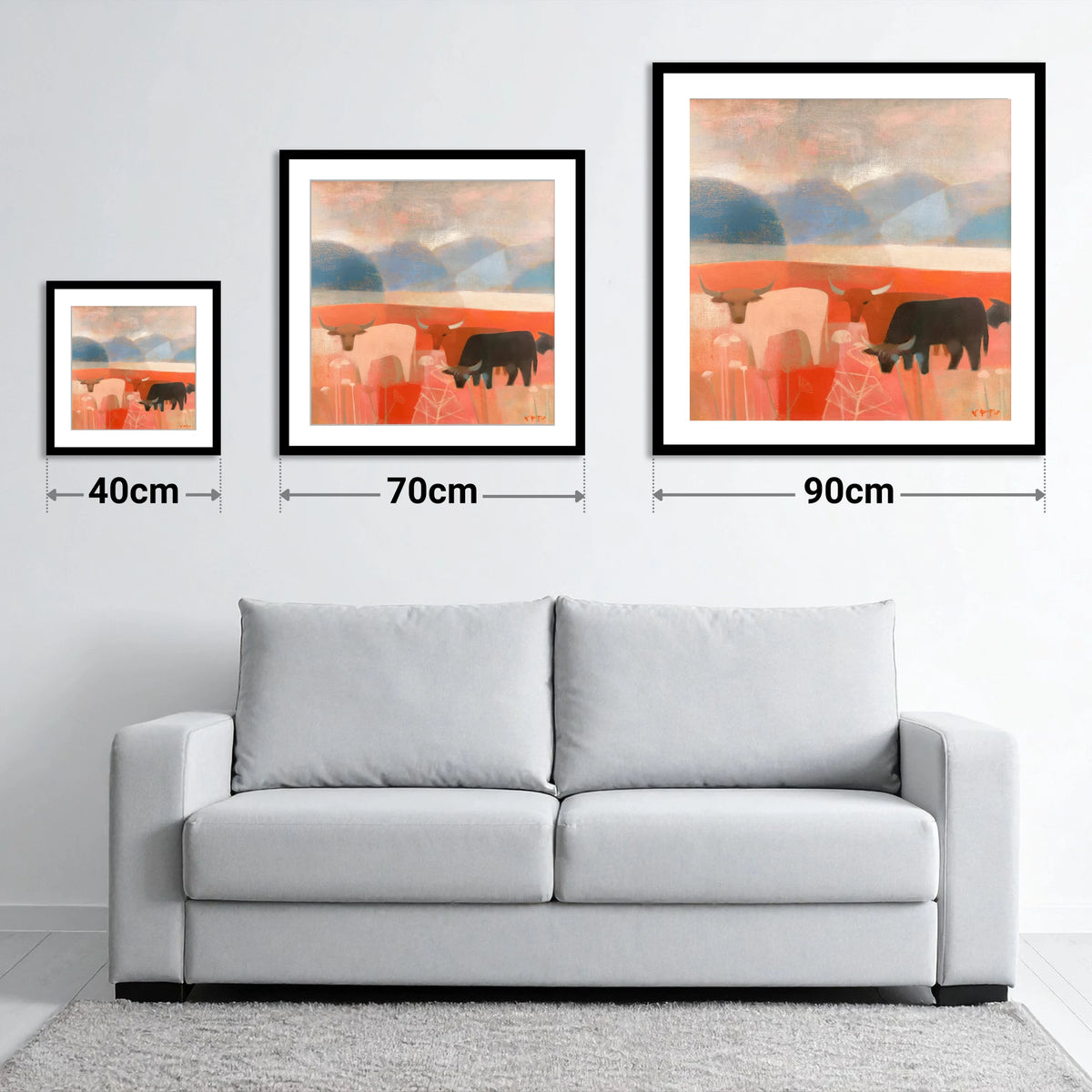 Highland Cattle against Slate Fells - size guide showing 40cm, 70cm and 90cm art prints