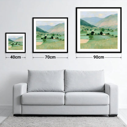 Patchwork Fields Beneath Hazy Fells - size guide showing 40cm, 70cm and 90cm art prints