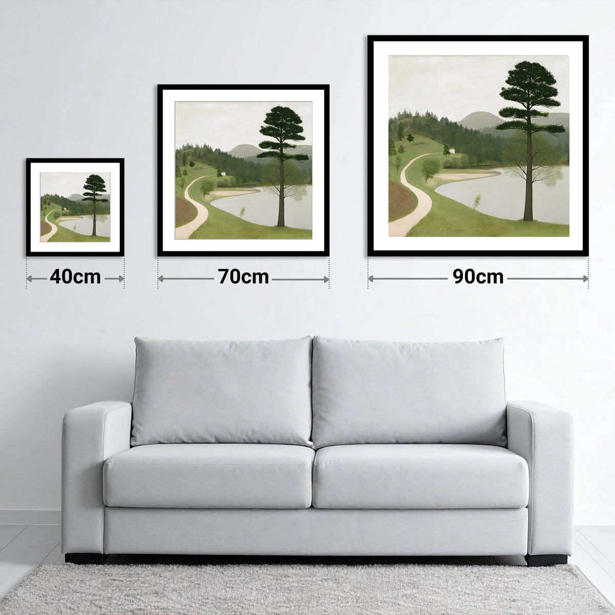Tall Pine at Tarn Hows - size guide showing 40cm, 70cm and 90cm art prints