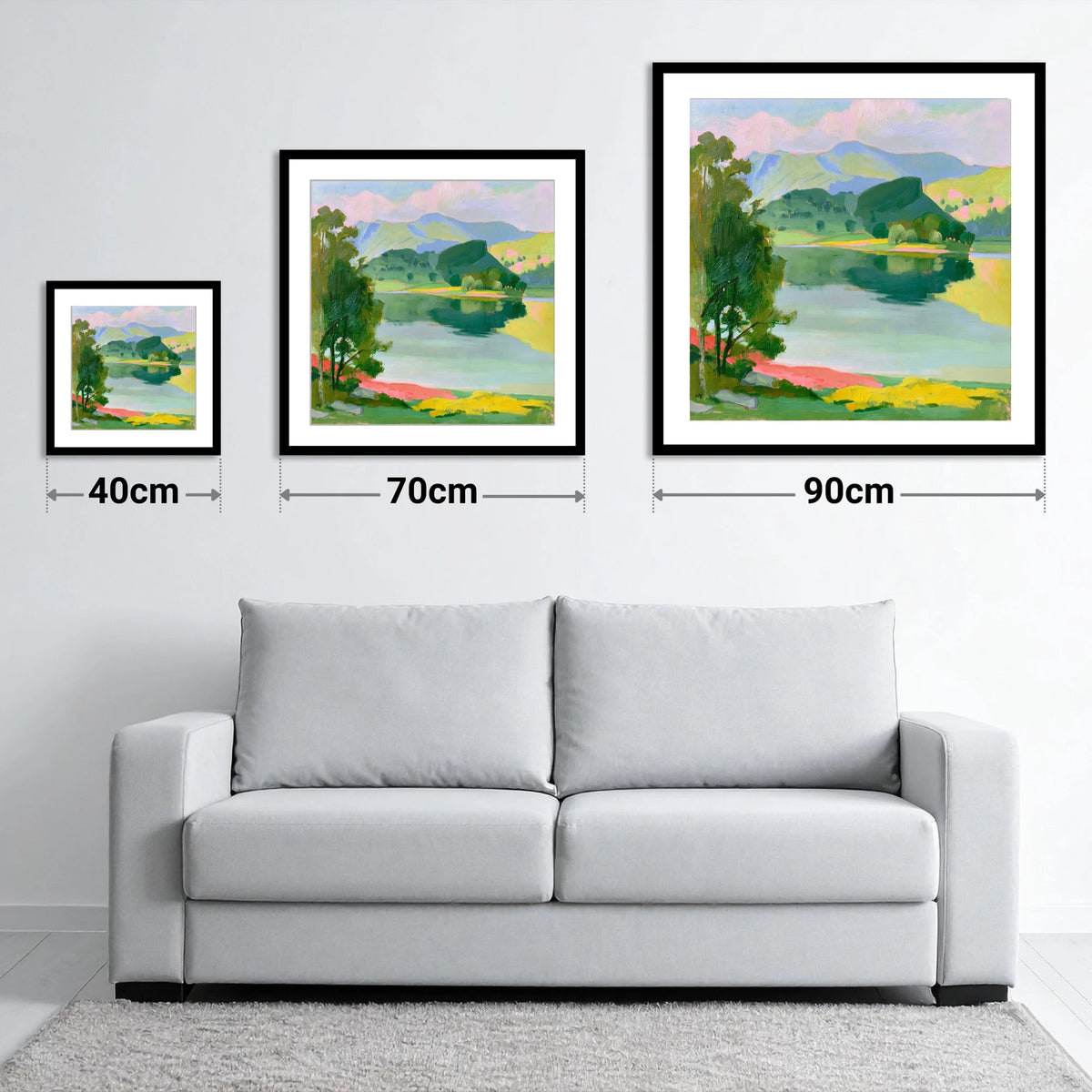 Colourful Fells and Teal Lake - size guide showing 40cm, 70cm and 90cm art prints