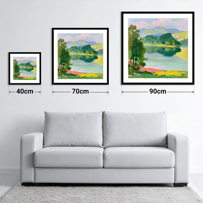 Colourful Fells and Teal Lake - size guide showing 40cm, 70cm and 90cm art prints