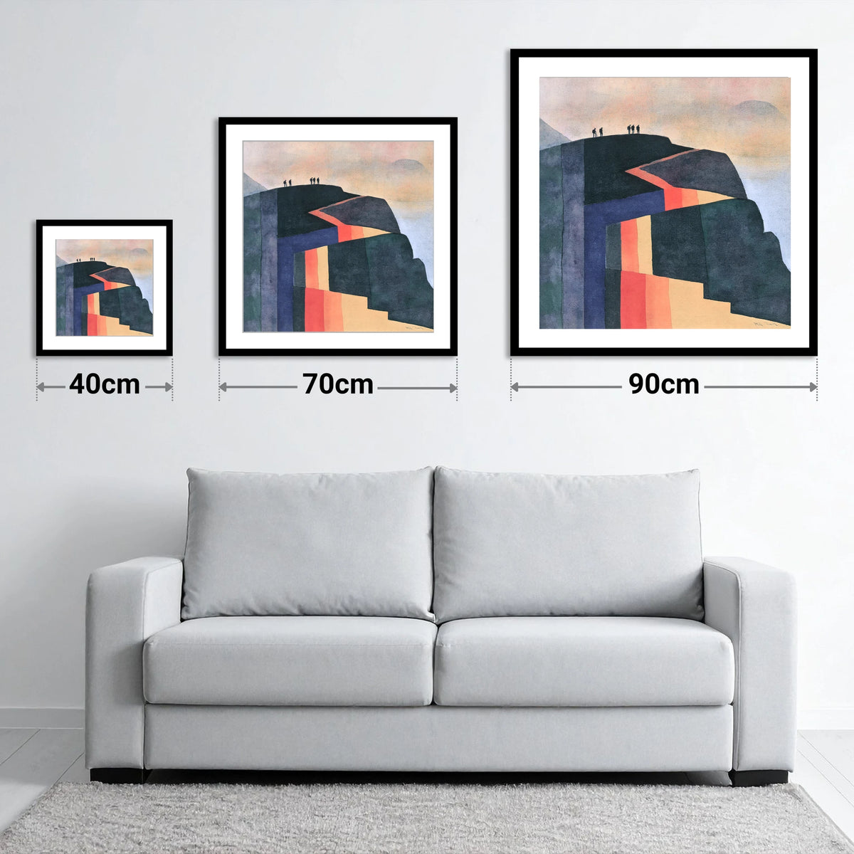 Hikers on Bold Geometric Fells - size guide showing 40cm, 70cm and 90cm art prints