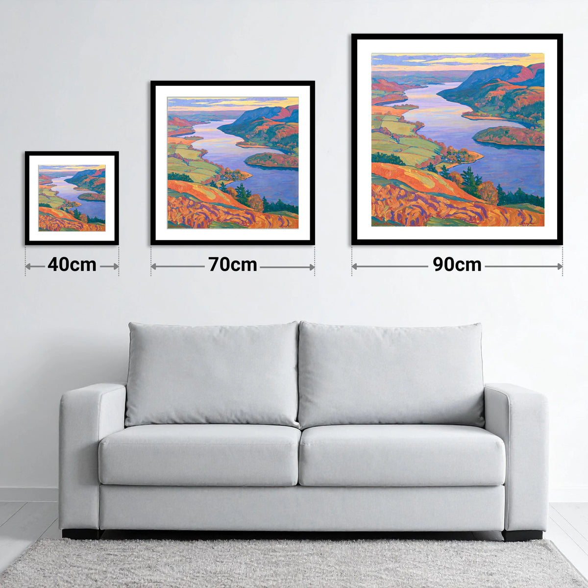 Bold Ullswater and Pooley Bridge - size guide showing 40cm, 70cm and 90cm art prints