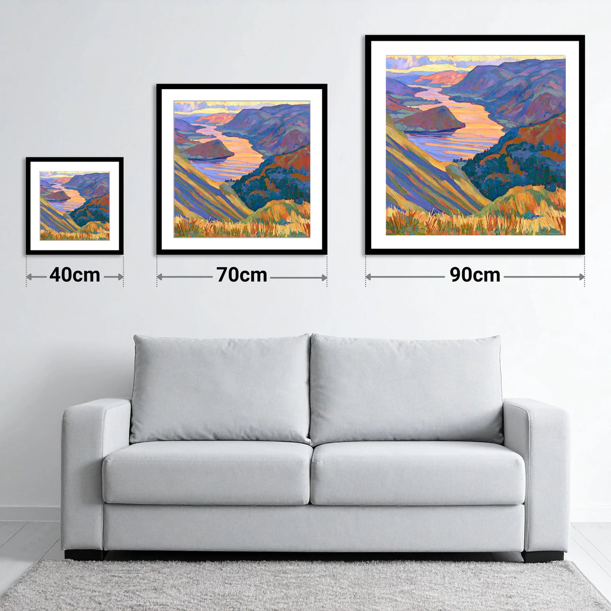 Vivid Sunset Over Ullswater - size guide showing 40cm, 70cm and 90cm art prints