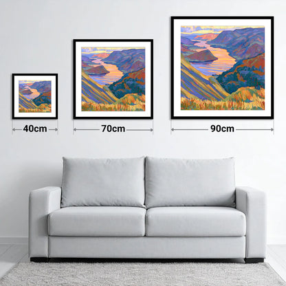 Vivid Sunset Over Ullswater - size guide showing 40cm, 70cm and 90cm art prints